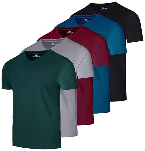 Real Essentials 5er-Pack: Herren V-Ausschnitt Mesh Feuchtigkeitstransport Active Athletic Performance Kurzarm T-Shirt, Set 11, L von Real Essentials
