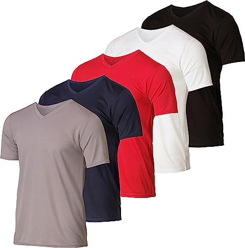 Real Essentials 5er-Pack: Herren V-Ausschnitt Mesh Feuchtigkeitstransport Active Athletic Performance Kurzarm T-Shirt, Set 5, 4X Hoch von Real Essentials