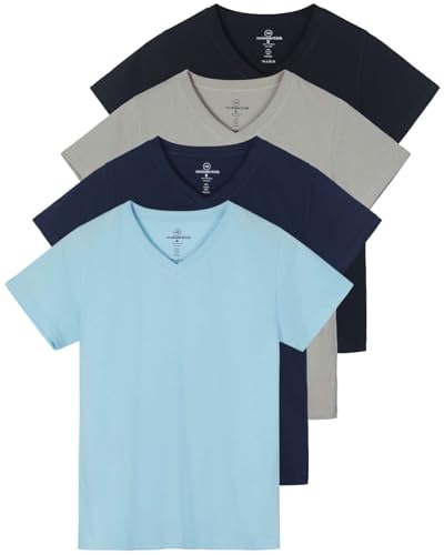 Real Essentials 4er-Pack: Kurzärmeliges Damen-T-Shirt aus Baumwolle mit V-Ausschnitt in klassischer Passform (in Übergröße erhältlich), Set 10, 2X von Real Essentials