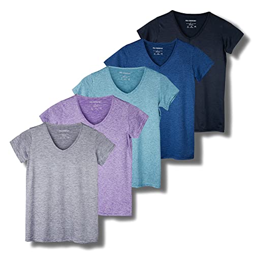 Real Essentials Damen Sport-T-Shirt, kurzärmelig, V-Ausschnitt, Dry-Fit feuchtigkeitsableitendes Yoga-Top (erhältlich in großen Größen), 5er-Pack, Set 1, 2X von Real Essentials