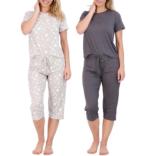 Real Essentials Kurzärmeliges Pyjama-Top mit Caprihose für Damen, Pyjama-Lounge- und Nachtwäsche-Set (erhältlich in Plus), 2 Stück, 6 Stück, XXL von Real Essentials