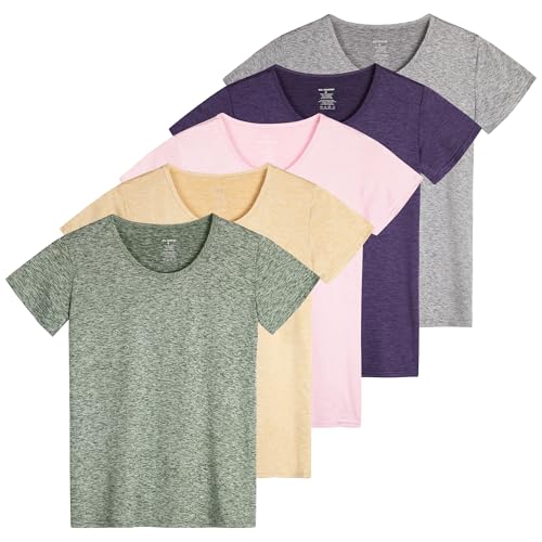 Real Essentials 5er-Pack: Kurzärmeliges Damen-T-Shirt, Workout-Top, Fitness, Pilates, Fitnessstudio, Sportbekleidung (Plus erhältlich), Set 14, 3X von Real Essentials