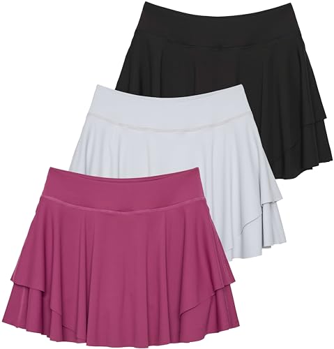 Real Essentials 3er-Pack: Damen-Skorts, 35,6 cm, mehrlagig, Rüschen, fließend, für Tennis, Golf, Taschen, plissiert, Minirock, athletische Liner-Shorts, Set 2, Klein von Real Essentials