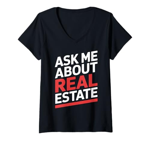 Damen Fragen Sie mich nach Immobilien Bold Slogan Realtor Salesperson T-Shirt mit V-Ausschnitt Damen Fragen Sie mich nach Immobilien Bold Slogan Realtor Salesperson T-Shirt mit V-Ausschnitt von Real Estate Enthusiasts Networking