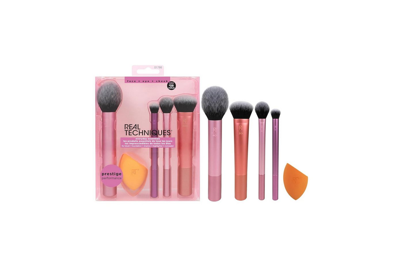 Real Techniques Make-up Set Everyday Essentials Komplett-Set für einen makellosen Make-up-Look, 5-tlg., für Foundation, Rouge, Bronzer, Lidschatten & Puder, 5-teiliges Pinsel- & Schwamm-Set von Real Techniques
