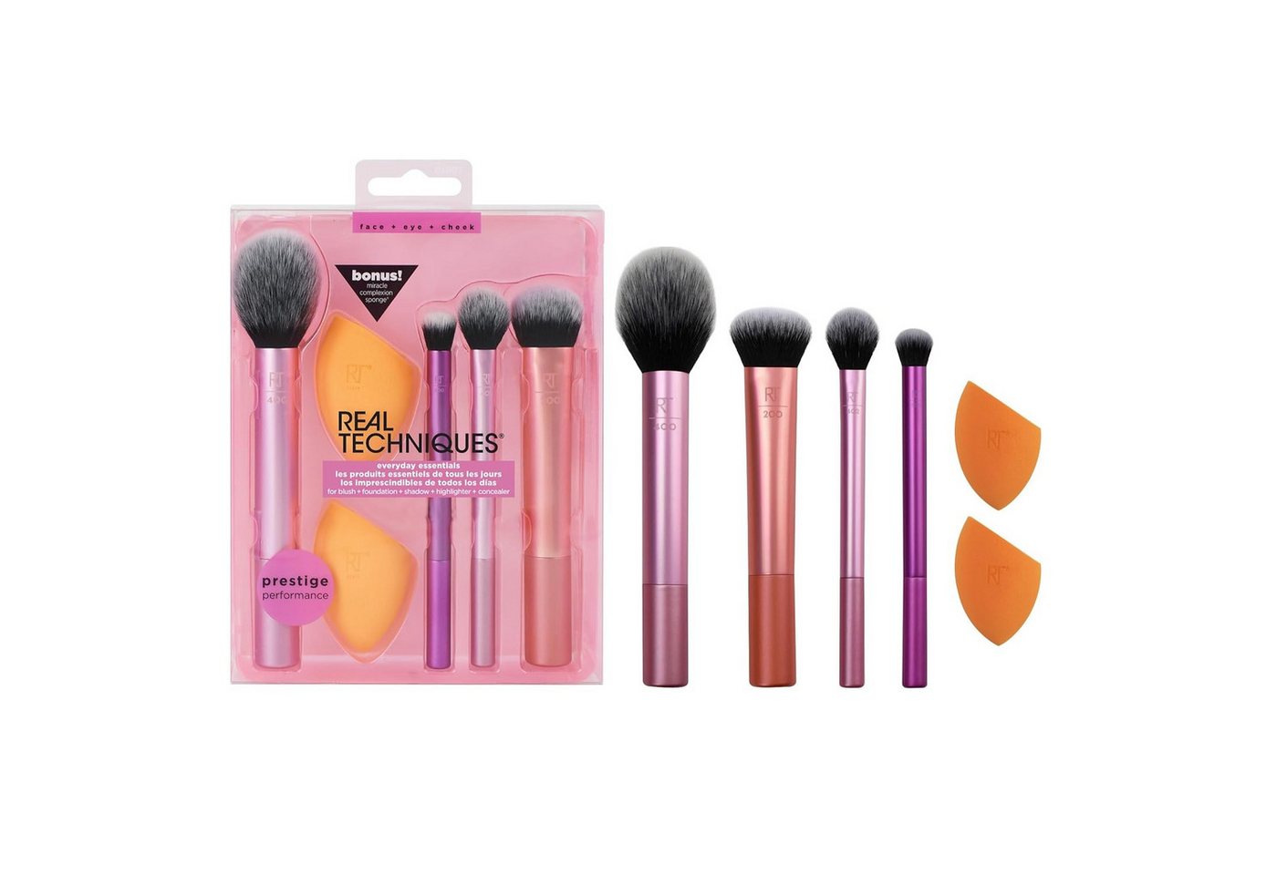 Real Techniques Make-up Set Everyday Essentials Komplett-Set für einen makellosen Make-up-Look, 6-tlg., für Foundation, Rouge, Bronzer, Lidschatten & Puder, 5-teiliges Pinsel- & Schwamm-Set von Real Techniques