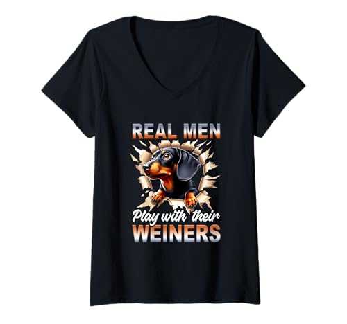 Damen Real a Men Play with Their Winers Funny Dackel Dog T-Shirt mit V-Ausschnitt Damen Real a Men Play with Their Winers Funny Dackel Dog T-Shirt mit V-Ausschnitt von Real a Men Play With Their Weiners Dachshund