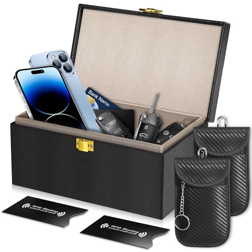 RealPlus Keyless Go Schutz Autoschlüssel Box | Extra Large Faraday Box für Autoschlüssel mit 2 Faraday Pouch & 2 RFID Blocking Card Holder, Signal Blocker Box für Auto Sicherheit Anti-Diebstahl von RealPlus