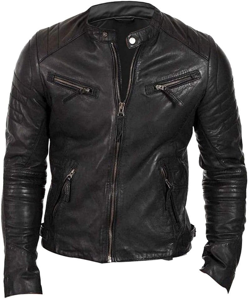 Herren Cafe Racer Handmade Schwarze Biker Lederjacke | Slim Fit Motorrad Echtes Schaffell von RealSkinLondon