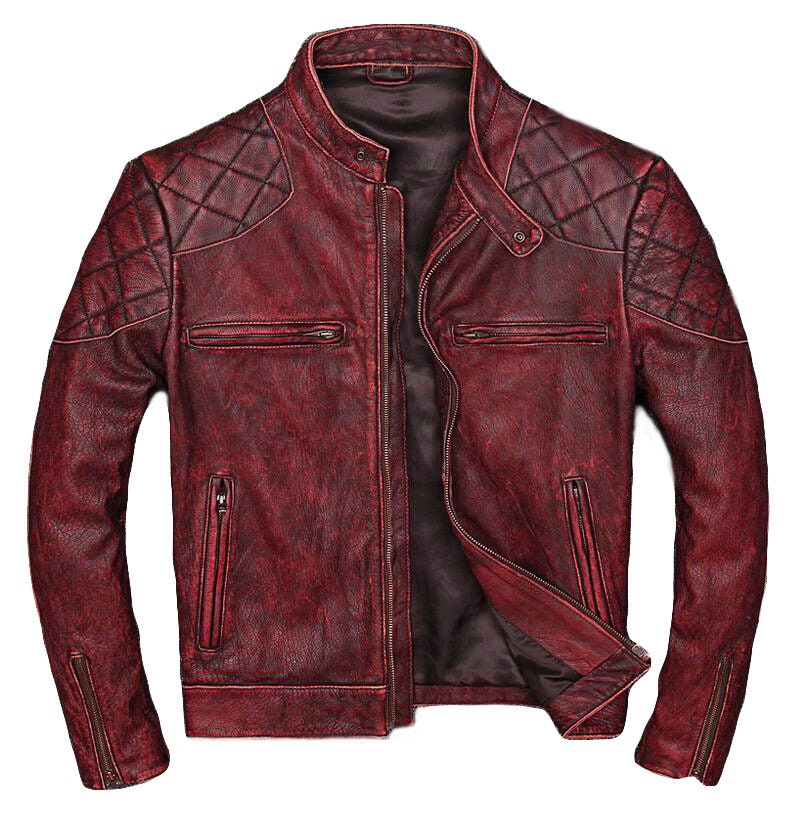 Herren Slim Fit Distressed Red Motorrad Lederjacke | Dimond Gesteppt Vintage Biker Classic Rote von RealSkinLondon