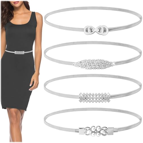 Realand 4 Stück Damen Skinny Stretchy Taillengürtel Mode Strass Perle Elastisch Dünn Metallkette Gürtel Cinch-Gürtel für Damenkleid, silber, Stand von Realand