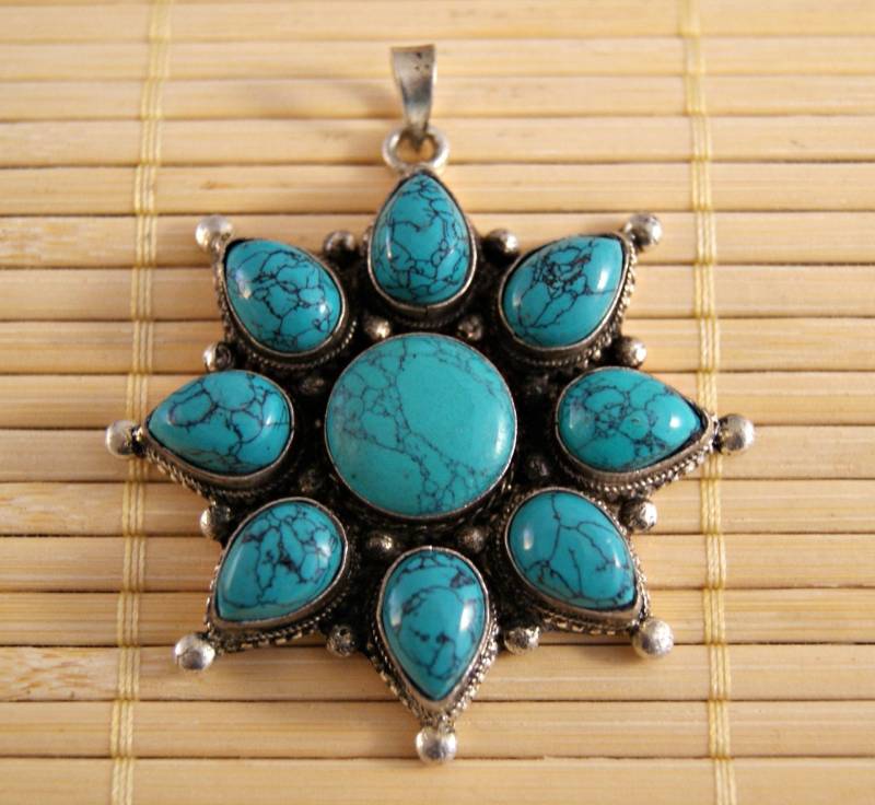 Anhänger 9 Türkise ~ Silber Nepal Tibet | 685 von RealasiaDE