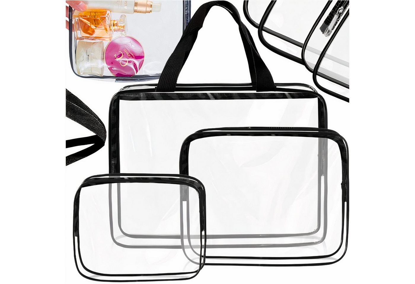 Realb2b Reisetasche Kosmetiktasche Transparent 3in1 Reiseorganizer Flugzeug PVC Set klar (Reise-Kulturbeutel Set 3in1 transparent handgepäcktauglich, 3-tlg., 3-teiliges transparentes Kulturbeutel-Set), Transparentes PVC, 3 Größen, handgepäcktauglich, wasserdicht von Realb2b