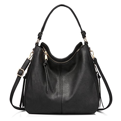 Handtaschen Damen Umhängetasche Hobo Tasche Synthetischem Leder Groß Handtasche für Frauen, Schwarz, L von Realer