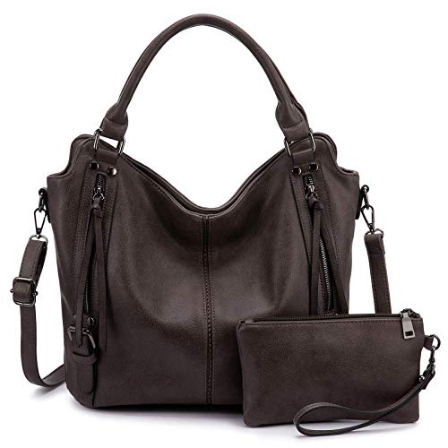 Realer Damen Handtaschen Mittel Shopper Lederhandtasche Schultertasche Umhängetasche Geldbörse Hobo Damen Taschen Set für Büro Schule Einkauf Reise 2pcs Grau Braun von Realer