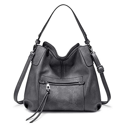 Realer Handtasche Damen Shopper Leder Umhängetasche Mittel Schultertasche Frau Elegant Henkeltasche Hobo Taschen mit Abnehmbar Schulterriemen Grau von Realer