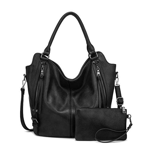 Realer Damen Handtaschen Groß Shopper Lederhandtasche Schultertasche Umhängetasche Geldbörse Hobo Damen Taschen Set für Büro Schule Einkauf Reise 2pcs Schwarz von Realer