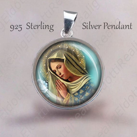 Betende Mutter Maria Religiöse Christliche Medaille. Sterling Silber 925 Gebet Anhänger Schmuck 20 Mm von Realig