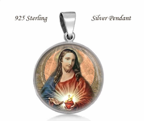 Sacred Heart Jesus Medaille Sterling Silber Religiöser Anhänger von Realig