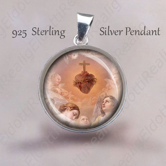 Jesus Sacred Heart Und Putten Medaille 925 Sterling Silber Medaillon Anhänger Blut Kruzifix von Realig