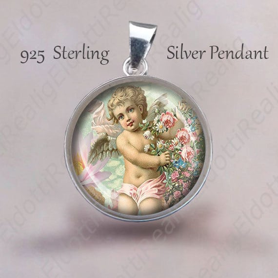 Cherub Engel Medaille Sterling Silber Halskette Mit Religiösem Anhänger von Realig