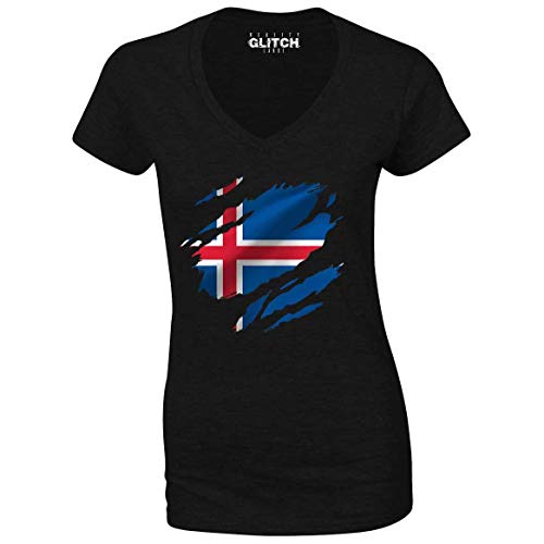 Reality Glitch Torn Iceland Flag Womens T-Shirt - V-Neck (Black, L) von Reality Glitch