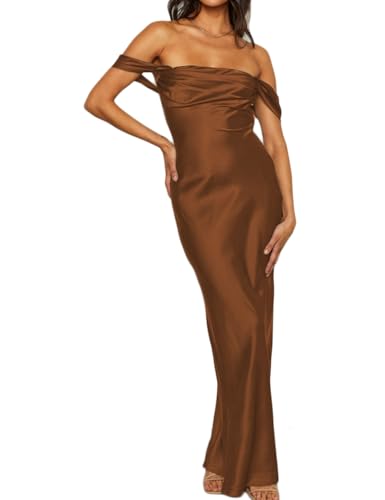 Realtix Elegantes schulterfreies Maxikleid aus Satin, gerüscht, rückenfrei, trägerlos, ärmellos, tailliertes Brautjungfernkleid, Braun, Klein Realtix Elegantes schulterfreies Maxikleid aus Satin, gerüscht, rückenfrei, trägerlos, ärmellos, tailliertes Brautjungfernkleid, Braun, Klein von Realtix