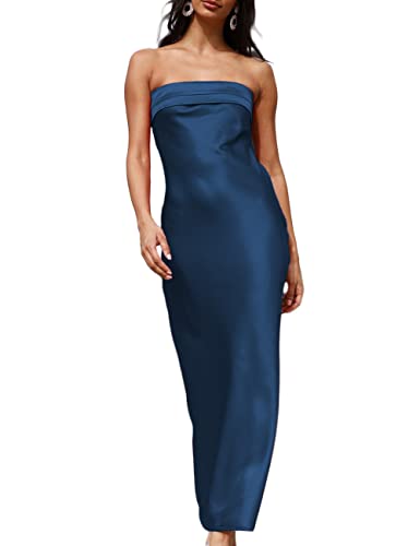 Realtix Satin-Seide, rückenfrei, Schlauchoberteile, Maxikleid für Frauen, niedriger Rücken, ausgehöhlt, elegant, trägerlos, lange Kleider, Hochzeitsgäste, Marineblau, X-Klein von Realtix