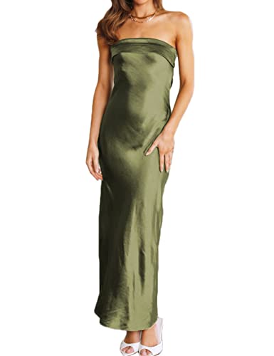 Realtix Satin-Seide, rückenfrei, Schlauchoberteile, Maxikleid für Frauen, niedriger Rücken, ausgehöhlt, elegant, trägerlos, lange Kleider, Hochzeitsgäste, Oliv/Blatt für mich (Leaf It to Me), Groß von Realtix