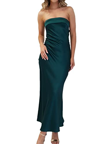 Realtix Satin-Seide, rückenfrei, Schlauchoberteile, Maxikleid für Frauen, niedriger Rücken, ausgehöhlt, elegant, trägerlos, lange Kleider, Hochzeitsgäste, dunkelgrün, X-Klein von Realtix