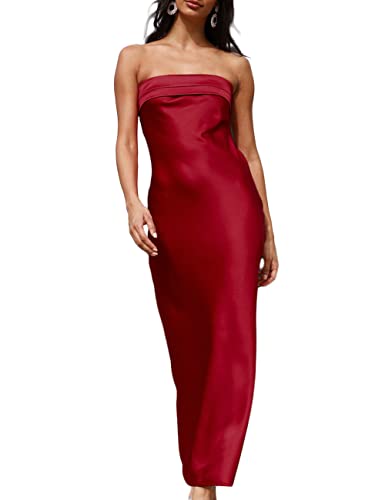 Realtix Schlauchkleid aus Satin-Seide, rückenfrei, Maxikleid für Damen, tiefer Rücken, elegant, trägerlos, langes Kleid, Hochzeitsgäste, Burgunder, X-Klein Realtix Schlauchkleid aus Satin-Seide, rückenfrei, Maxikleid für Damen, tiefer Rücken, elegant, trägerlos, langes Kleid, Hochzeitsgäste, Burgunder, X-Klein von Realtix