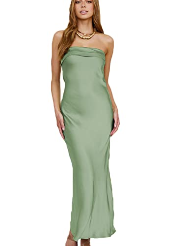 Realtix Schlauchkleid aus Satin-Seide, rückenfrei, Maxikleid für Damen, tiefer Rücken, elegant, trägerlos, langes Kleid, Hochzeitsgäste, Salbei, X-Klein von Realtix
