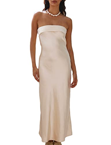 Realtix Schlauchkleid aus Satin-Seide, rückenfrei, Maxikleid für Damen, tiefer Rücken, elegant, trägerlos, langes Kleid, Hochzeitsgäste, Champagner, X-Klein von Realtix