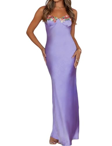 Sexy Satin-Spaghettiträger-Maxikleid mit Blumenstickerei, Herzausschnitt, rückenfrei, ärmellos, Schlitz-Midikleid, Flieder, Klein Sexy Satin-Spaghettiträger-Maxikleid mit Blumenstickerei, Herzausschnitt, rückenfrei, ärmellos, Schlitz-Midikleid, Flieder, Klein von Realtix