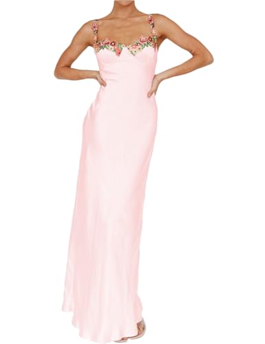 Sexy Satin-Spaghettiträger-Maxikleid mit Blumenstickerei, Herzausschnitt, rückenfrei, ärmellos, Schlitz-Midikleid, Pink, Mittel von Realtix