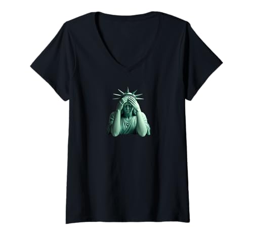 Damen Freiheitsstatue bedeckt ihr Gesicht in schampolitischem Chaos T-Shirt mit V-Ausschnitt Damen Freiheitsstatue bedeckt ihr Gesicht in schampolitischem Chaos T-Shirt mit V-Ausschnitt von Reaping sowing causing effecting