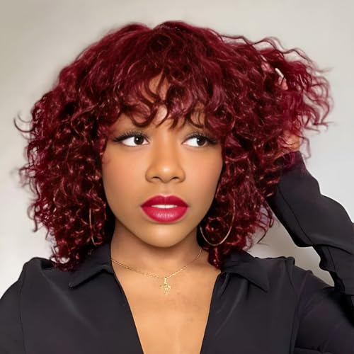 99J Burgundy Short Curly Wig Human Hair Wigs with Bangs Kurz Perücke Menschliches Haar for Black Women Brazilian Virgin Human Hair Wig Machine Made 150% Density Glueless Curly Wigs von Rebasar
