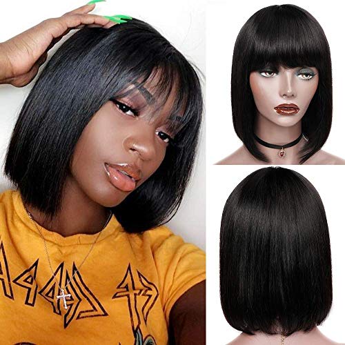 Kurze Bob Glatte Haar Perücken für Frauen Perücke Natürlicher (14 Inch) Straight Short Bob Wig Human Hair with Bangs Brazilian Menschliches Haar Perücken Natural Black von Rebasar