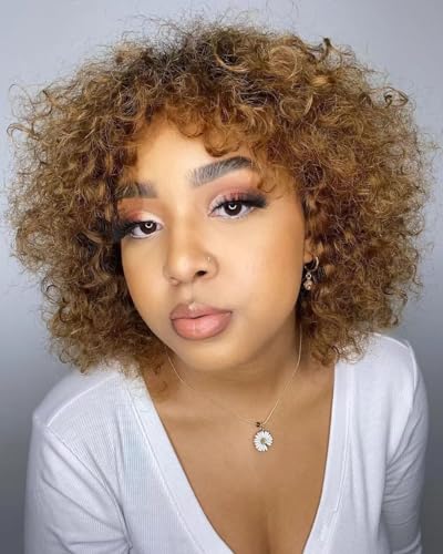 Ombre Brown Short Curly Wig Human Hair Wigs with Bangs Kurz Perücke Menschliches Haar for Black Women Brazilian Virgin Human Hair Wig Machine Made 150% Density Glueless Curly Wigs (1B/30) von Rebasar