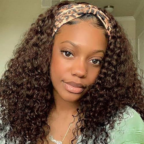 Perücke mit Stirnband Menschenhaar Deep Wave Headband Wig Gewellt Perücke für Damen 150% Dichte Brasilianische Perücke Glueless Haarband Wig Chocolate Brown 10 Zoll von Rebasar