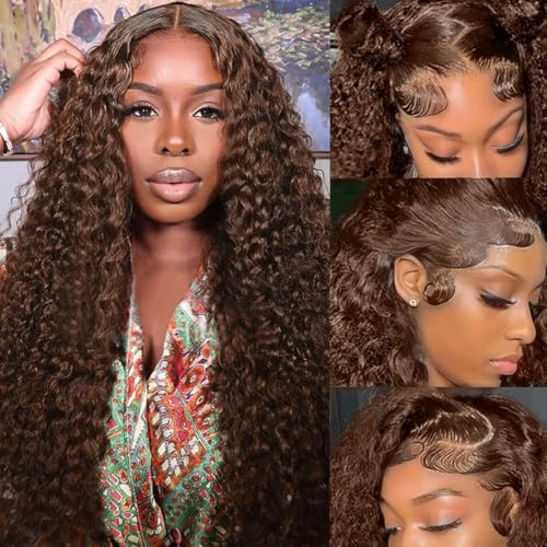 Rebasar Lace Front Wig Deep Wave 13x4 Lace Wig Human Hair for Woman Menschen Perücken Locken Braun 22 Zoll Echt Haar Perücke Curly 150% Density Chocolate Brown von Rebasar
