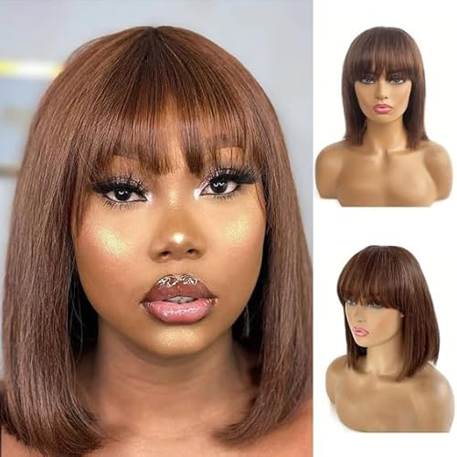 Rebasar Chocolate Brown Bob Wig with Fringe Short Straight Bob Wig Human Hair for Women Kurz Perücke Menschliches Haar 150% Density Glueless Wigs Brazilian Virgin Human Hair Wig 8 Zoll von Rebasar