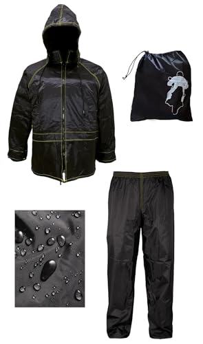 Rebeca Shop Winddichter Motorradanzug mit Regenmantel | Mit Tasche | Schwarz | Jacke und Hose - verdeckte Kapuze | Herren und Damen | Roller | Regen-Set, Schwarz , L von Rebeca Shop