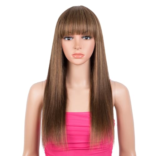 Rebecca Fashion 50,8 cm Ombré-braune glatte Perücke mit Pony, Echthaar-Perücken für schwarze Frauen, ohne Lace-Front, 10 A, brasilianisches unbehandeltes Haar, klebefrei, maschinell hergestellte von Rebecca Fashion