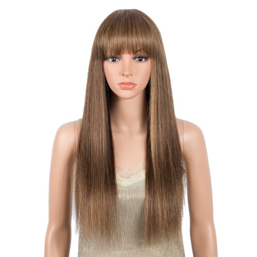Rebecca Fashion 55,9 cm Ombré-braune glatte Perücke mit Pony, Echthaar-Perücken für schwarze Frauen, ohne Lace-Front, 10 A, brasilianisches unbehandeltes Haar, klebefrei, maschinell hergestellte von Rebecca Fashion
