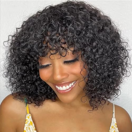 Rebecca Fashion Curly Bob Perücke mit Pony Echthaar 25 CM Short Curly Water Wave Bob Perücke Echthaarperücken für schwarze Frauen Kleberlose Perücke Naturfarbe von Rebecca Fashion