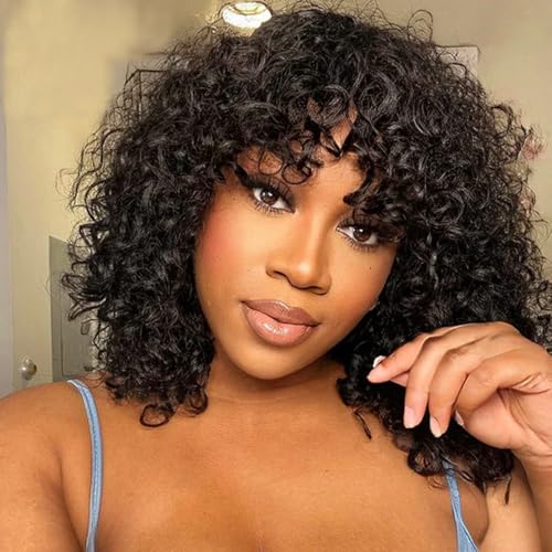 Rebecca Fashion Curly Bob Perücke mit Pony Echthaar 30 CM Short Curly Water Wave Bob Perücke Echthaarperücken für schwarze Frauen Kleberlose Perücke Naturfarbe von Rebecca Fashion