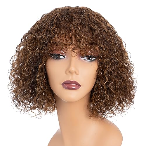 Rebecca Fashion Highlight Braun Blond Locken Bob Perücken mit Pony Echthaar 25 CM Kurz Locken Wasserwelle Bob Perücke Echthaar Perücken für Schwarze Frauen Kleberlose Perücke von Rebecca Fashion