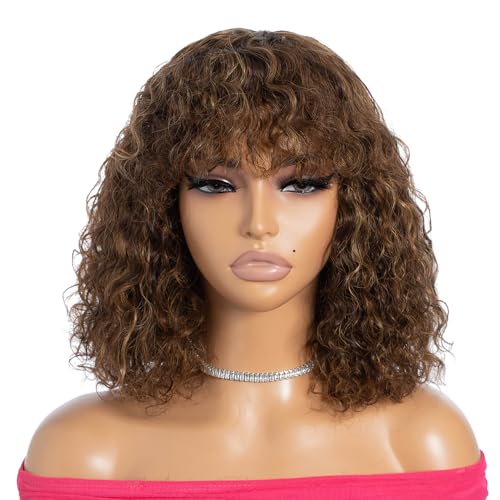 Rebecca Fashion Highlight Braun Blond Locken Bob Perücken mit Pony Echthaar 30 CM Kurz Locken Wasserwelle Bob Perücke Echthaar Perücken für Schwarze Frauen Kleberlose Perücke von Rebecca Fashion