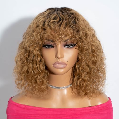 Rebecca Fashion Ombre Honey Blonde Curly Bob Perücke Echthaarperücken für schwarze Frauen 30 CM Kurze Curly Water Wave Bob Perücke mit Pony Echthaarperücke Kleberlos von Rebecca Fashion